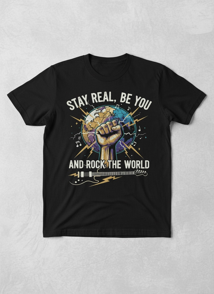 "Stay Real, Be You - And Rock Your World" T-Shirt: Your Reminder to Own It and Live Loud