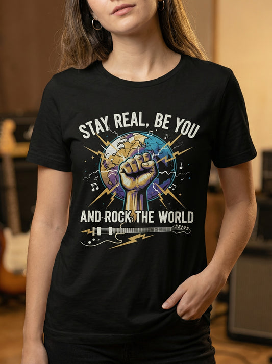 "Stay Real, Be You - And Rock Your World" T-Shirt: Your Reminder to Own It and Live Loud